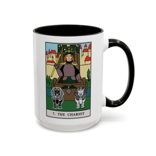 The Chariot Tarot Card Coffee Mug - Double Sided Black Accent White Ceramic 15oz by TheGlassyLass.com