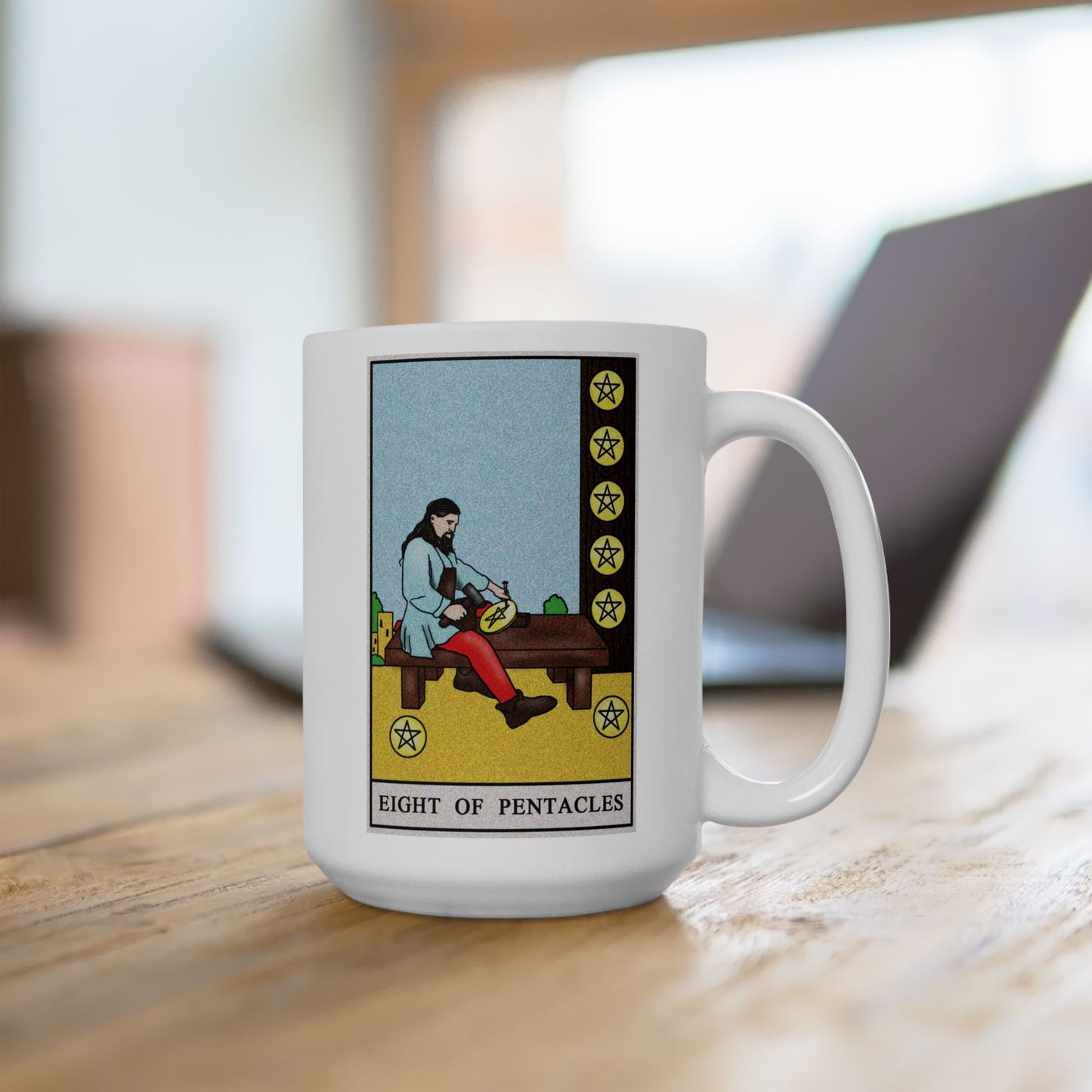 Eight of Pentacles Tarot Card Coffee Mug - Double Sided White Ceramic 15oz by TheGlassyLass.com