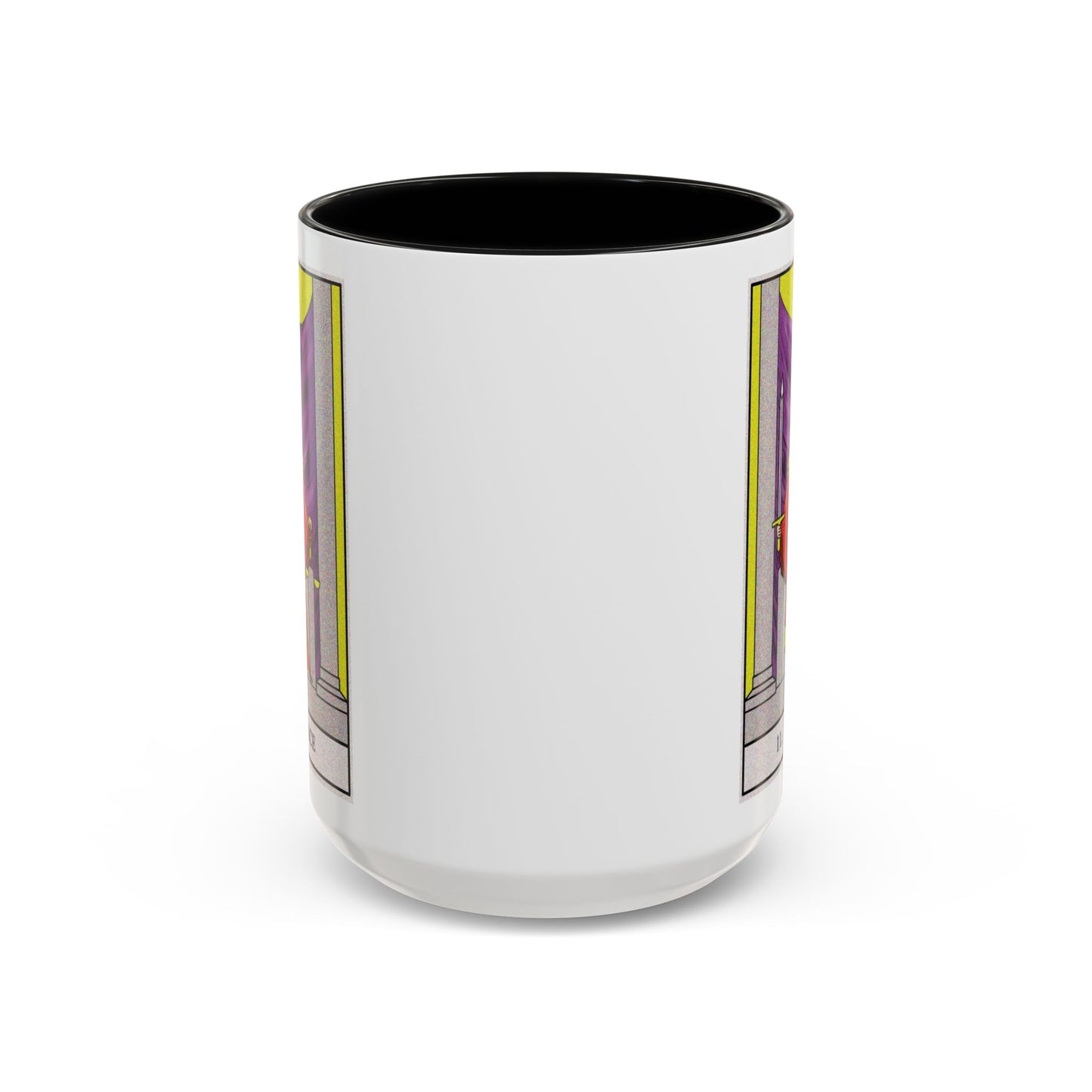 Justice Tarot Card Coffee Mug - Double Sided Black Accent White Ceramic 15oz by TheGlassyLass.com