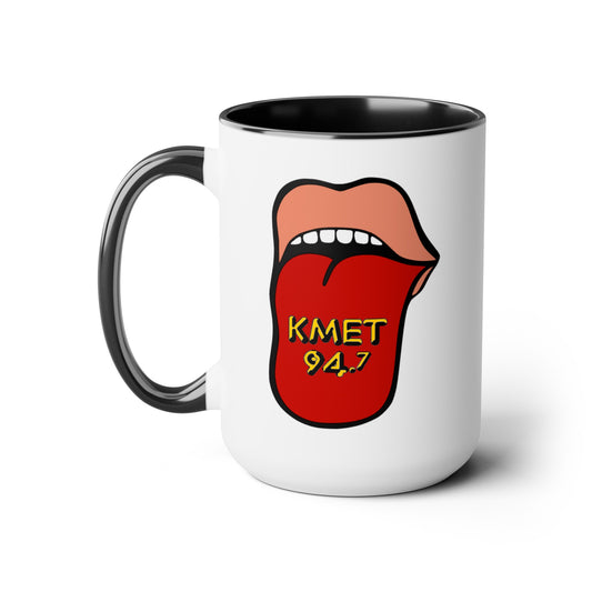 KMET Coffee Mug - Double Sided Black Accent White Ceramic 15oz by TheGlassyLass.com