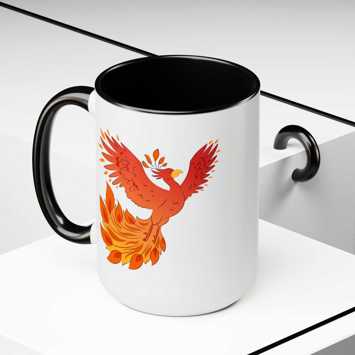 Phoenix Rising Coffee Mugs - Double Sided Black Accent White Ceramic 15oz by TheGlassyLass.com