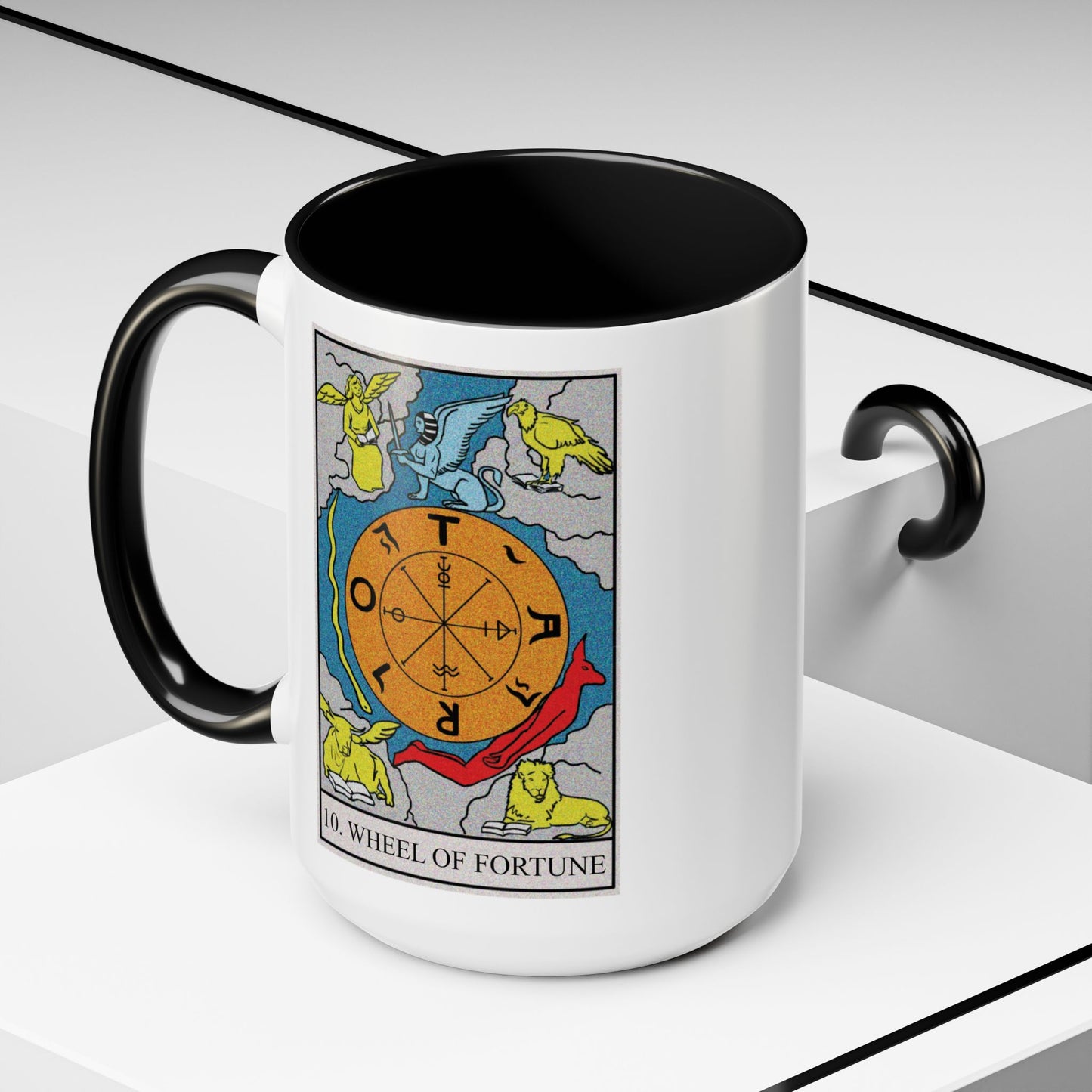 The Wheel of Fortune Tarot Card Coffee Mug - Double Sided Black Accent White Ceramic 15oz by TheGlassyLass.com