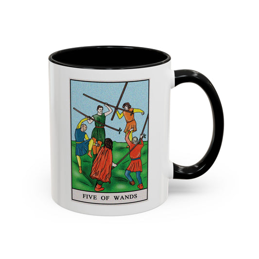 Five of Wands Tarot Card Coffee Mug - Double Sided Print, Black Accent White Ceramic, 11oz by TheGlassyLass.com