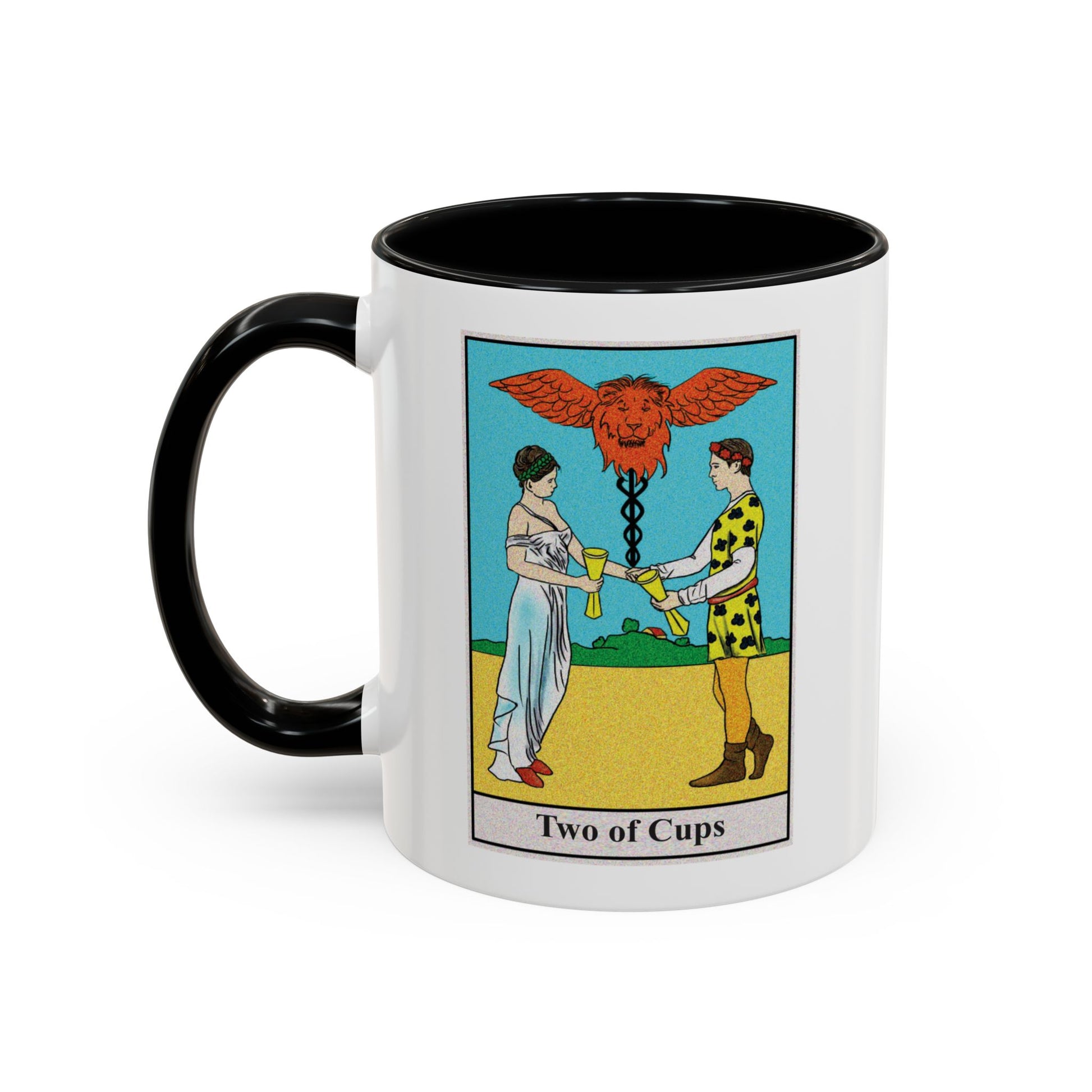 Two of Cups Tarot Card Coffee Mug - Double Sided Print, Black Accent White Ceramic, 11oz by TheGlassyLass.com