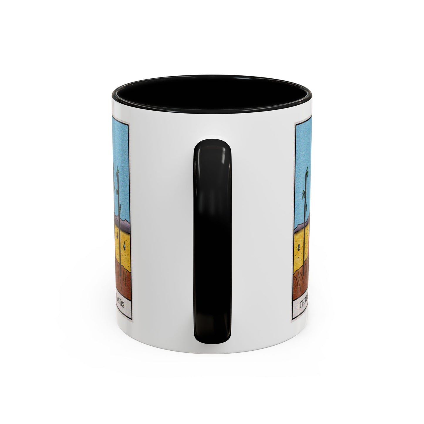 Three of Wands Tarot Card Coffee Mug - Double Sided Print, Black Accent White Ceramic, 11oz by TheGlassyLass.com