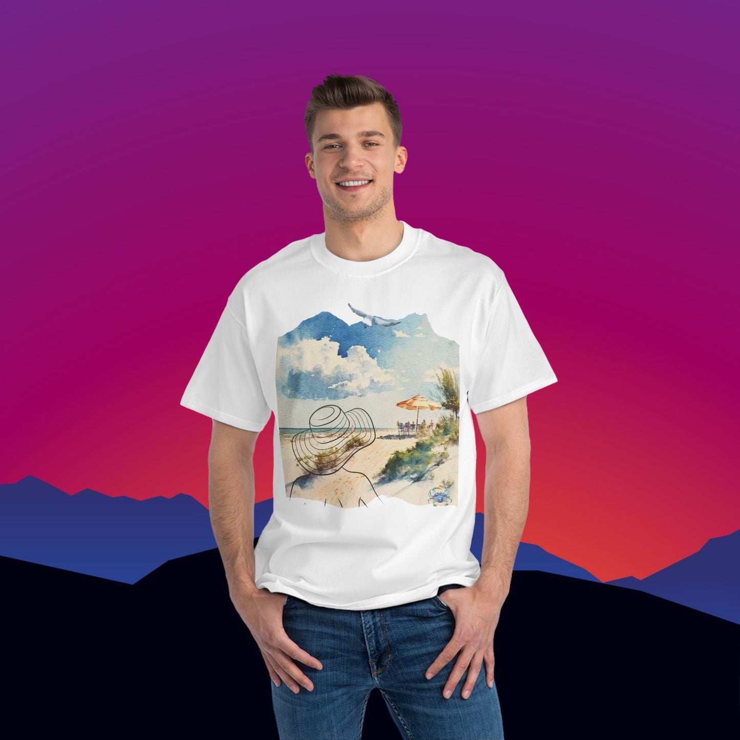A Day at the Beach T-Shirt: (Hanes Beefy-T 100% Preshrunk Cotton Custom Printed by TheGlassyLass.com