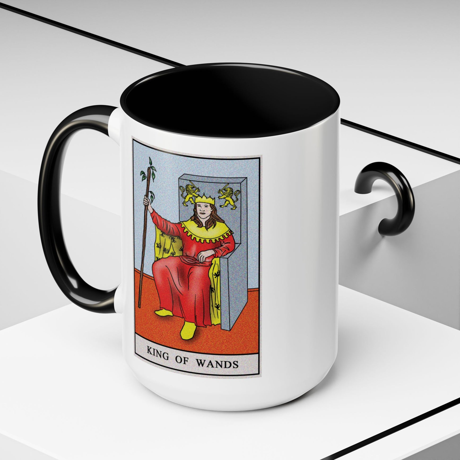 King of Wands Tarot Card Coffee Mug - Double Sided Black Accent White Ceramic 15oz by TheGlassyLass.com