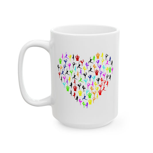 Rainbow Heart Yoga Coffee Mug - Double Sided Black Accent White Ceramic 15oz by TheGlassyLass.com