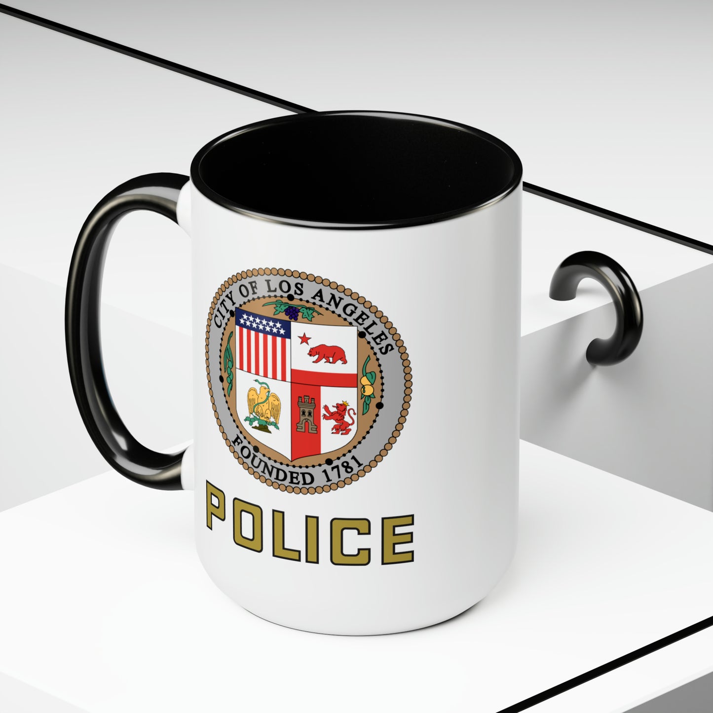 LAPD Coffee Mug - Double Sided Black Accent White Ceramic 15oz by TheGlassyLass