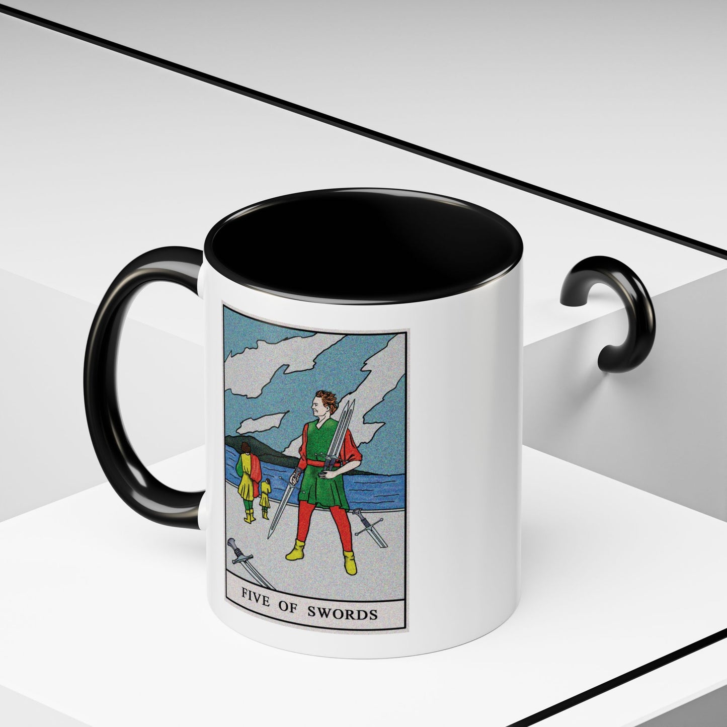 Five of Swords Tarot Card Coffee Mug - Double Sided Print, Black Accent White Ceramic, 11oz by TheGlassyLass.com