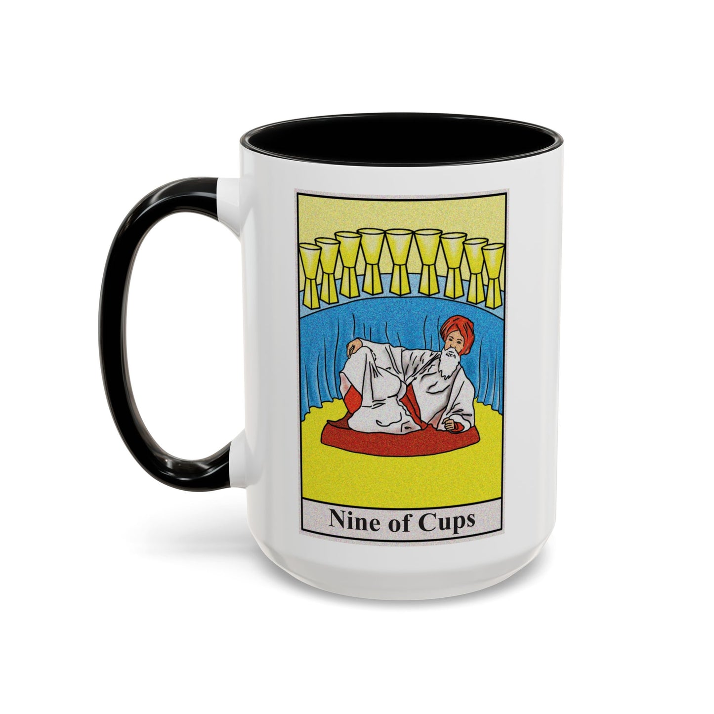 Nine of Cups Tarot Card Coffee Mug - Double Sided Black Accent White Ceramic 15oz by TheGlassyLass.com