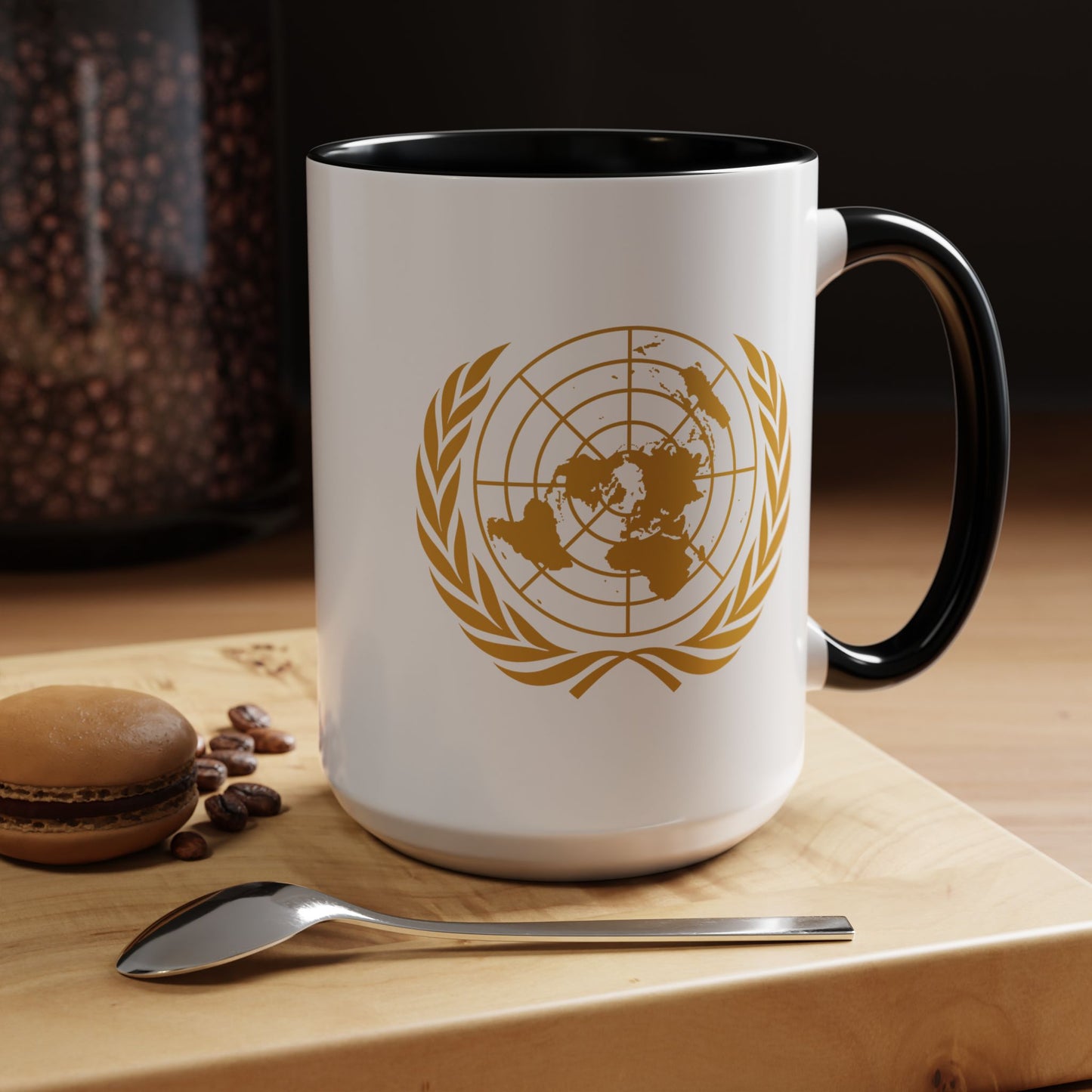United Nations Seal Coffee Mug - Double Sided Black Accent White Ceramic 15oz by TheGlassyLass