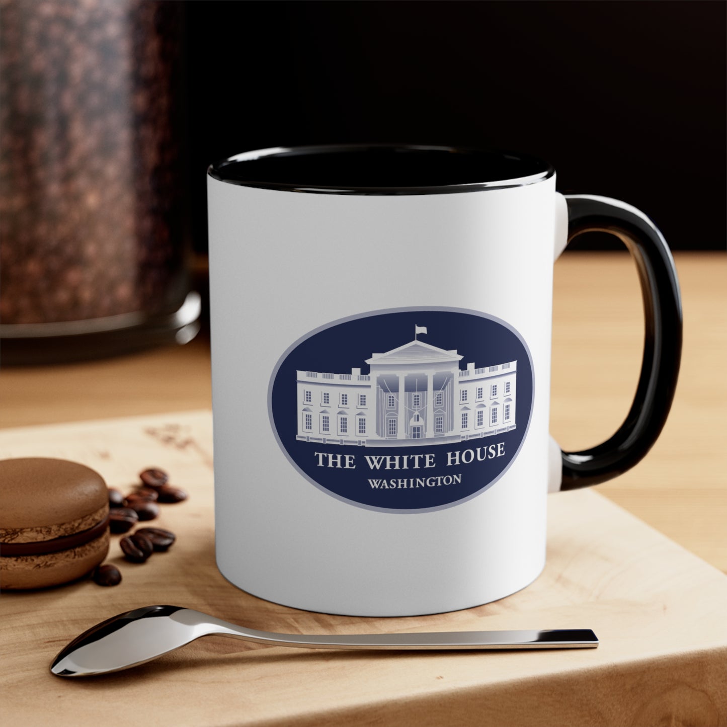 The White House Coffee Mug - Double Sided Black Accent White Ceramic 11oz by TheGlassyLass