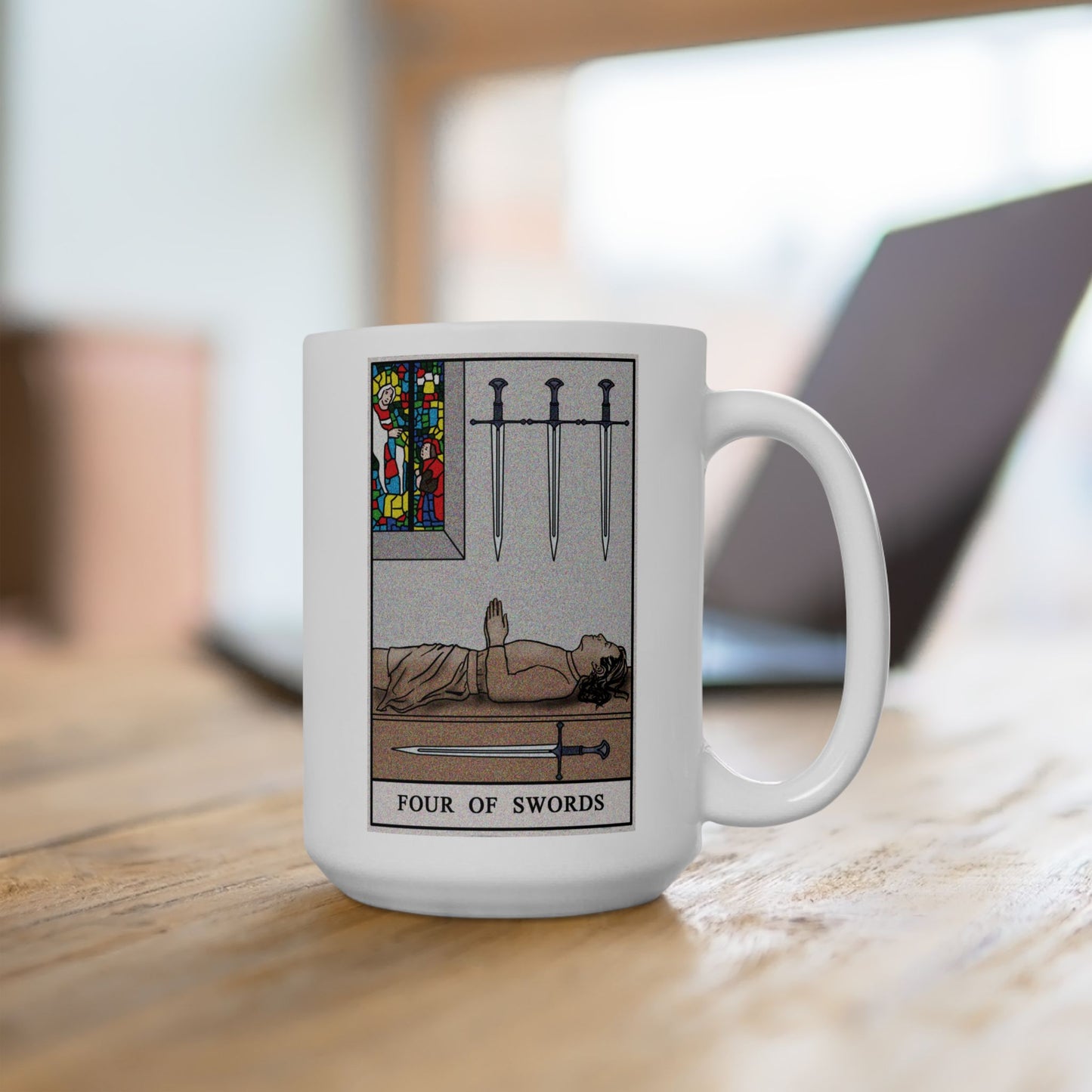 Four of Swords Tarot Card Coffee Mug - Double Sided White Ceramic 15oz by TheGlassyLass.com