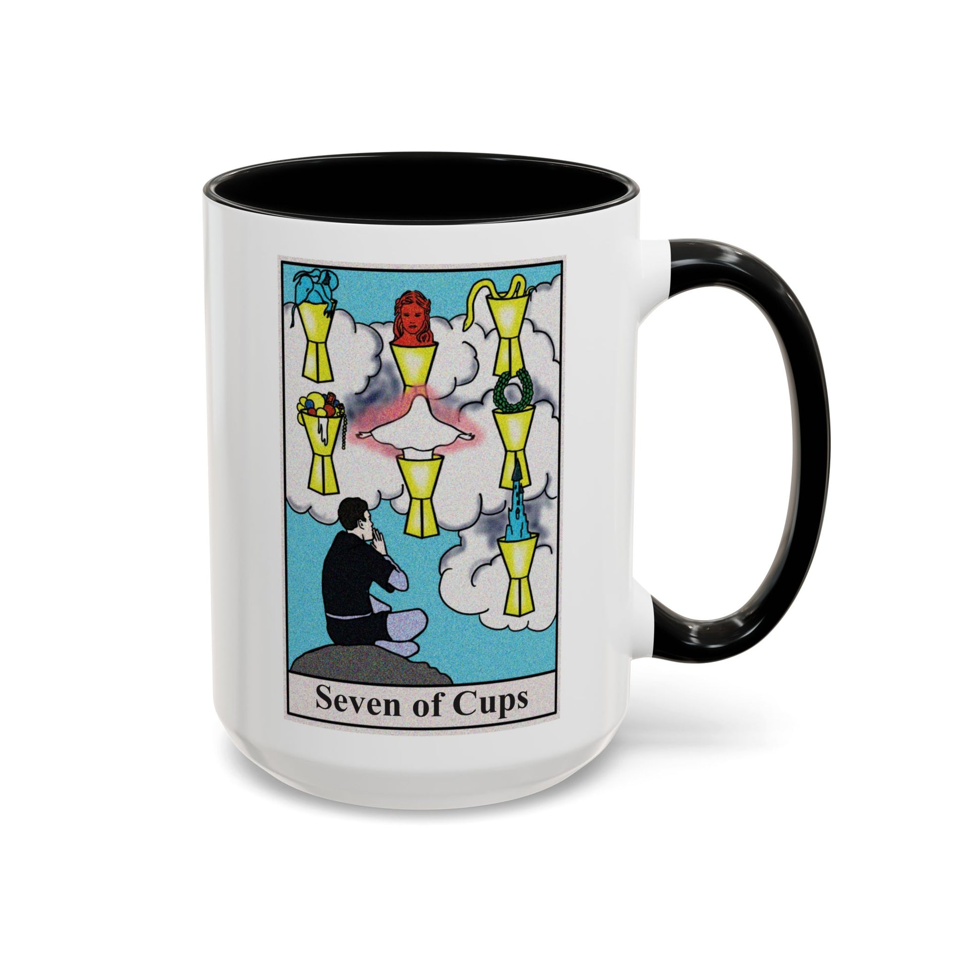 Seven of Cups Tarot Card Coffee Mug - Double Sided Black Accent White Ceramic 15oz by TheGlassyLass.com