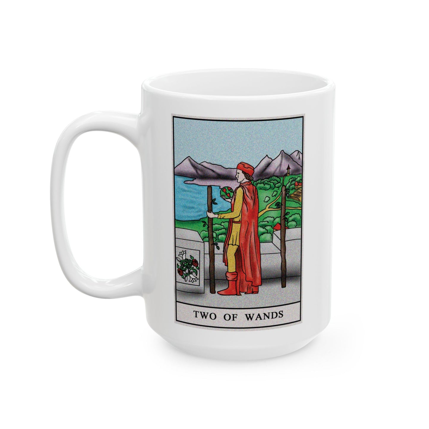 Three of Wands Tarot Card Coffee Mug - Double Sided White Ceramic 15oz by TheGlassyLass.com