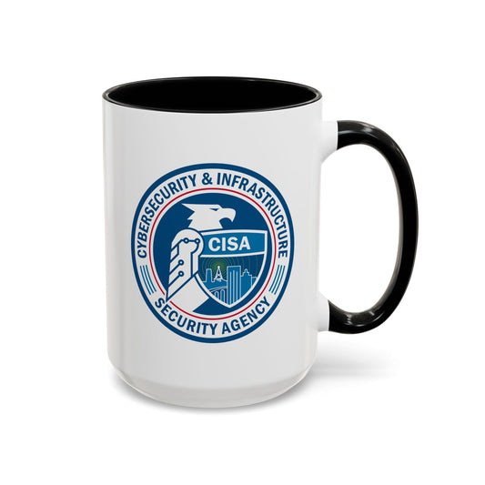Cybersecurity and Infrastructure Security Agency Seal Coffee Mug - Double Sided Print, Black Accent White Ceramic, 15oz by TheGlassyLass.com