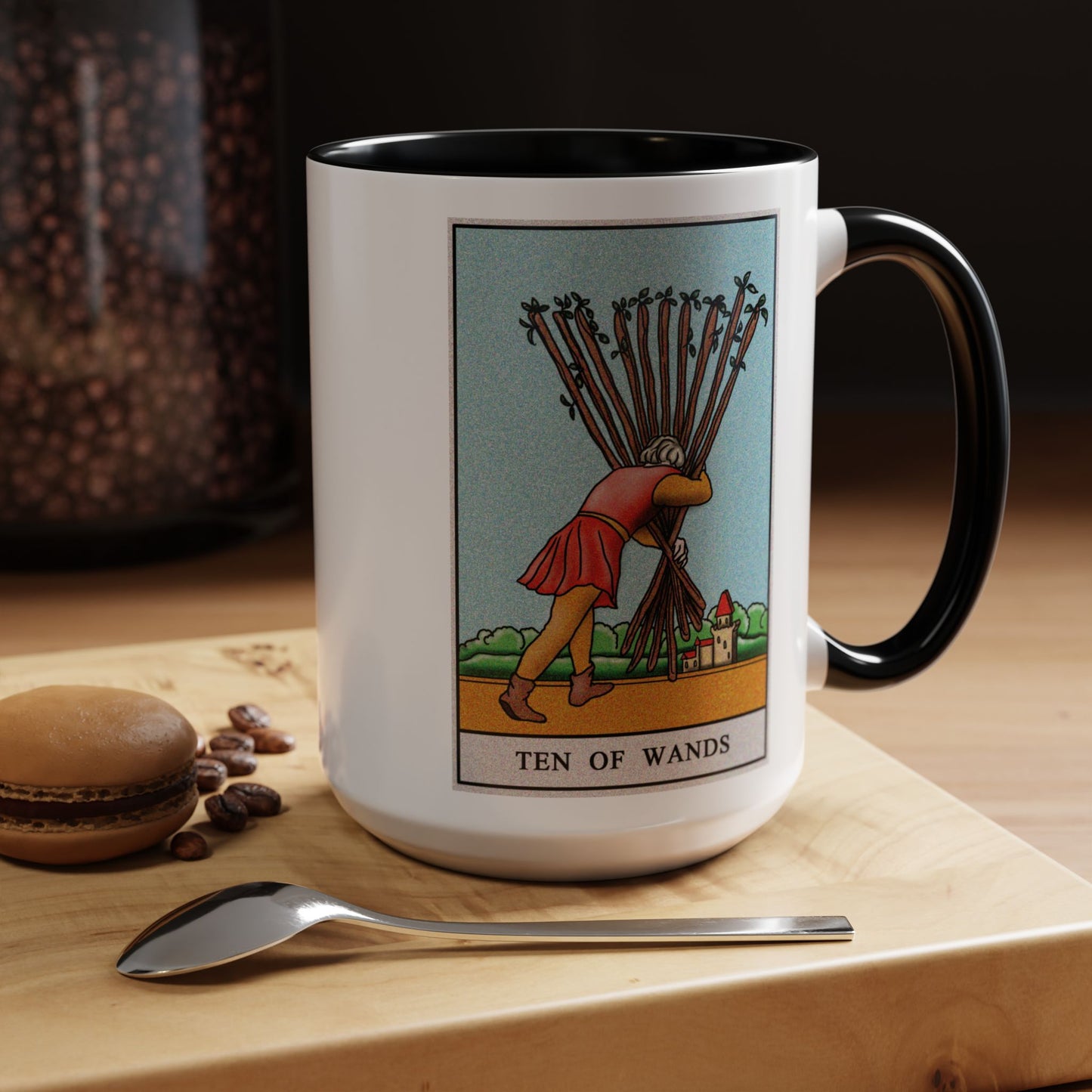 Ten of Wands Tarot Card Coffee Mug - Double Sided Black Accent White Ceramic 15oz by TheGlassyLass.com