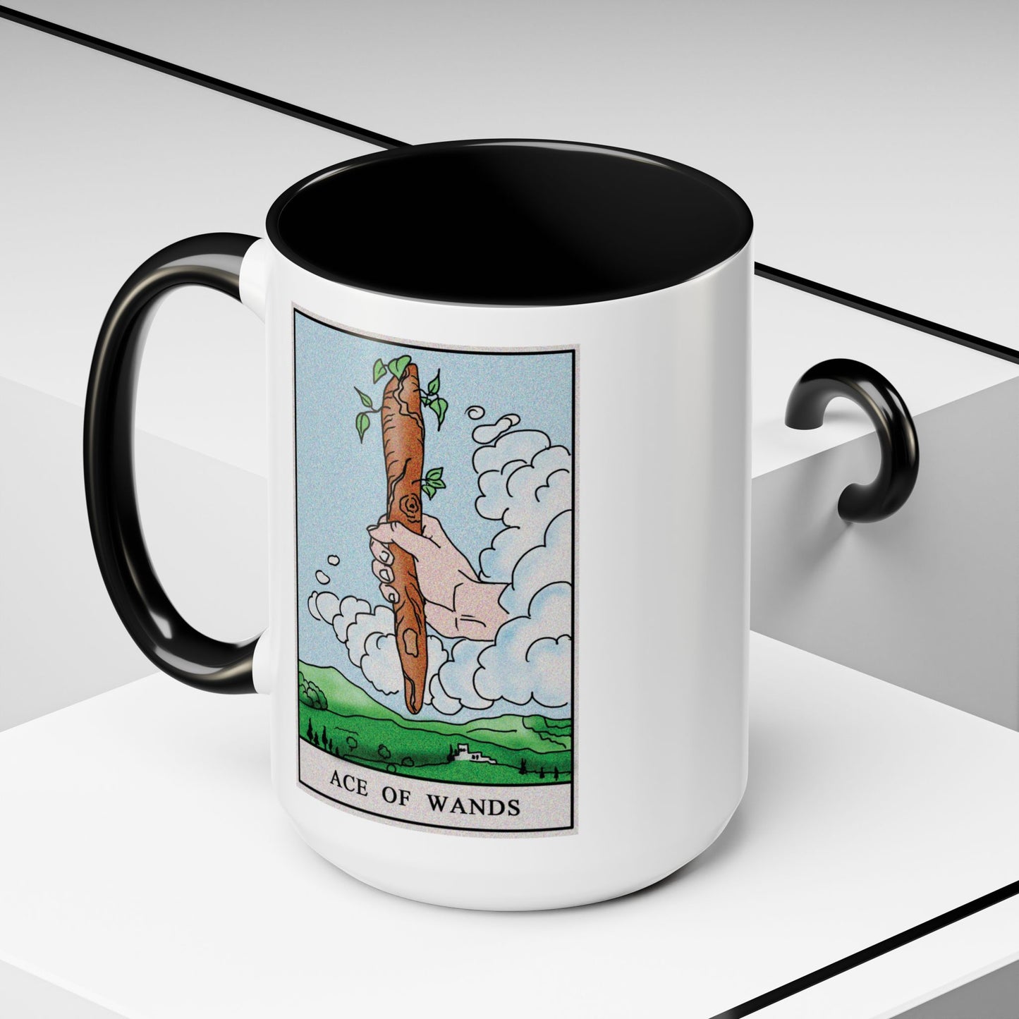 Ace of Wands Tarot Card Coffee Mug - Double Sided Black Accent White Ceramic 15oz by TheGlassyLass.com