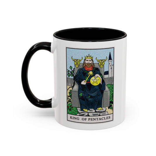King of Pentacles Tarot Card Coffee Mug - Double Sided Print, Black Accent White Ceramic, 11oz by TheGlassyLass.com