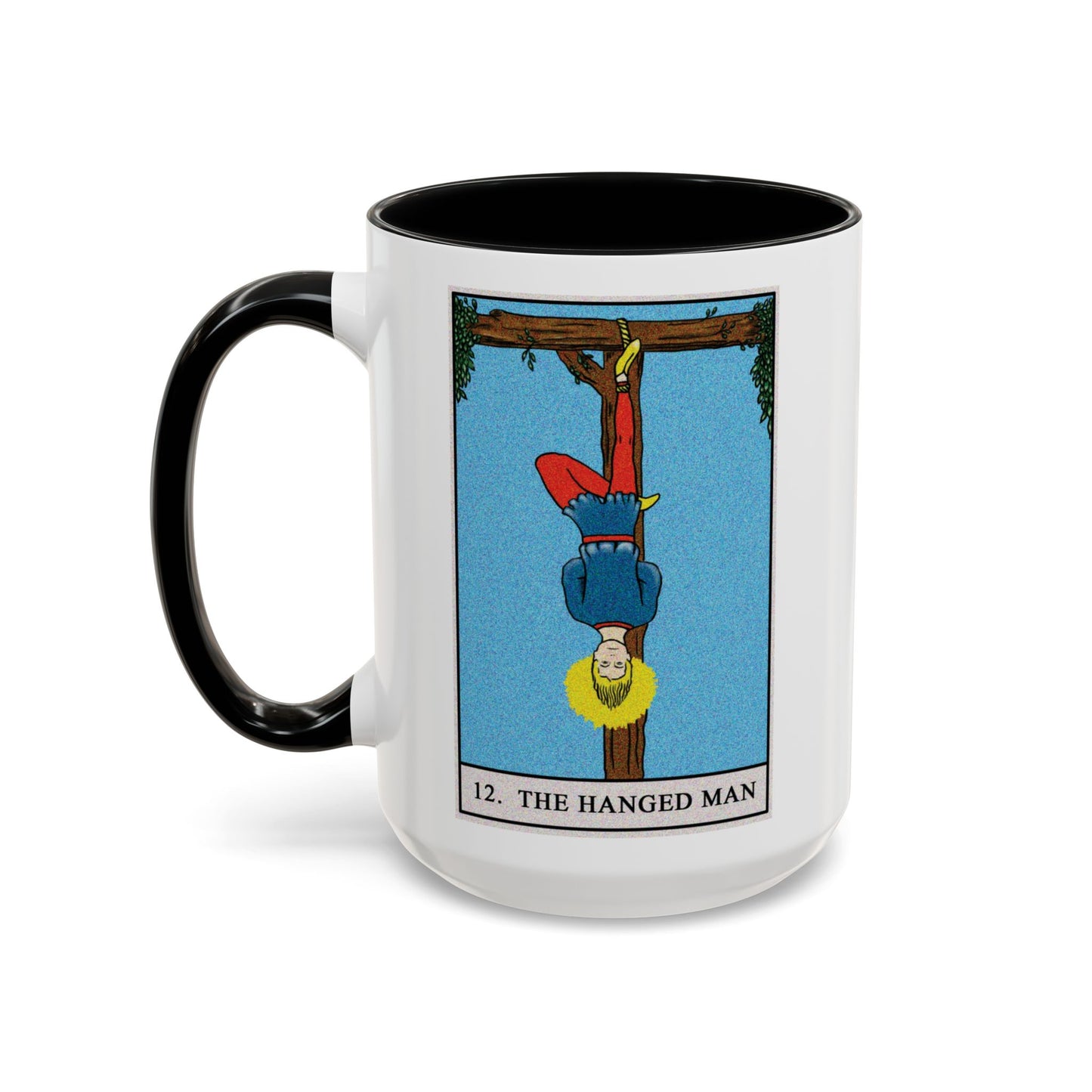 The Hanged Man Tarot Card Coffee Mug - Double Sided Black Accent White Ceramic 15oz by TheGlassyLass.com
