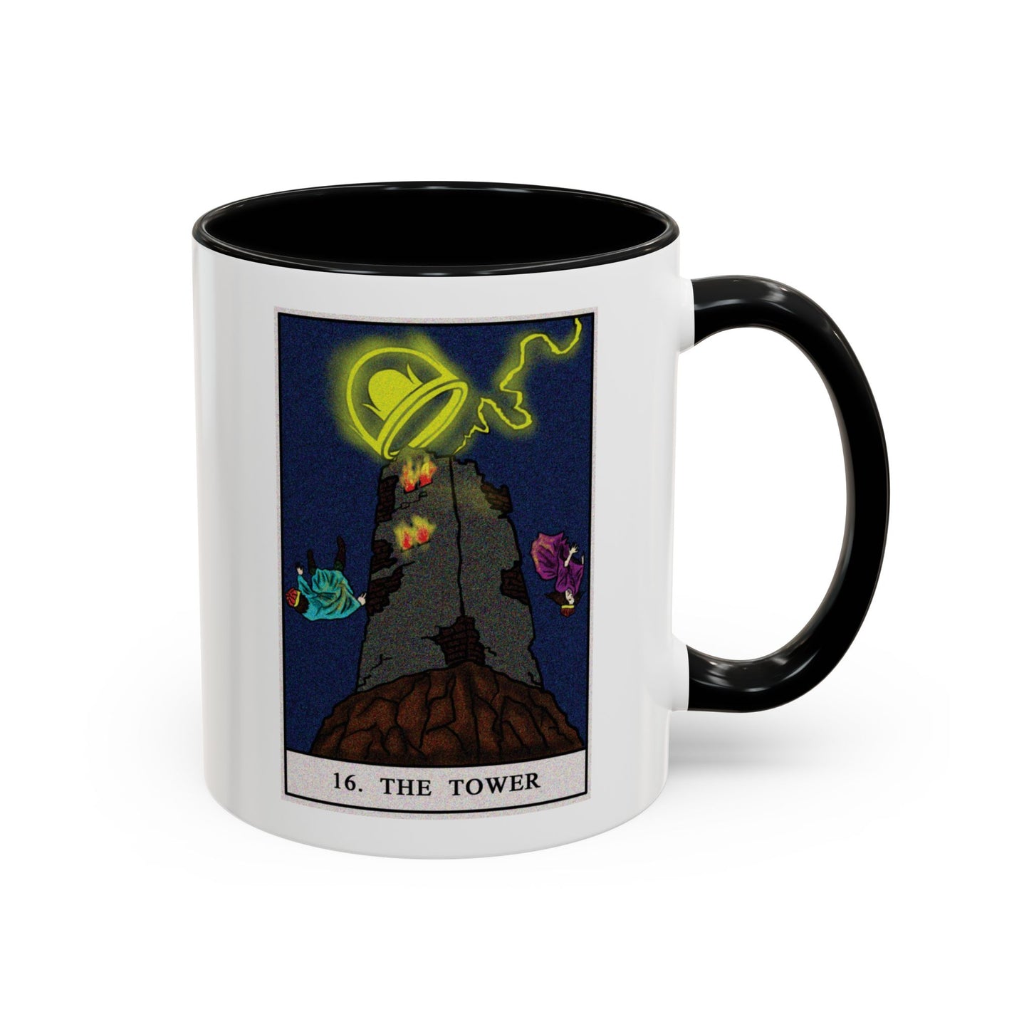 The Tower Tarot Card Coffee Mug - Double Sided Print, Black Accent White Ceramic, 11oz by TheGlassyLass.com