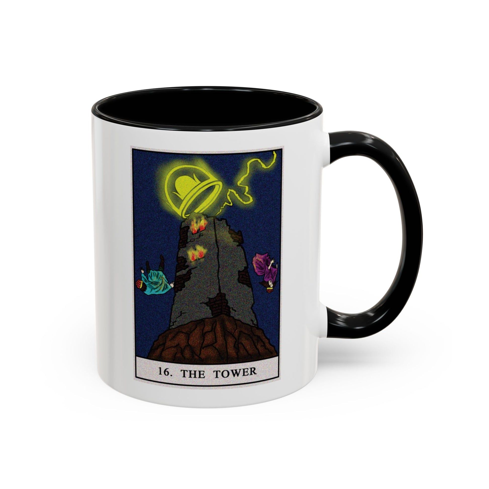 The Tower Tarot Card Coffee Mug - Double Sided Print, Black Accent White Ceramic, 11oz by TheGlassyLass.com