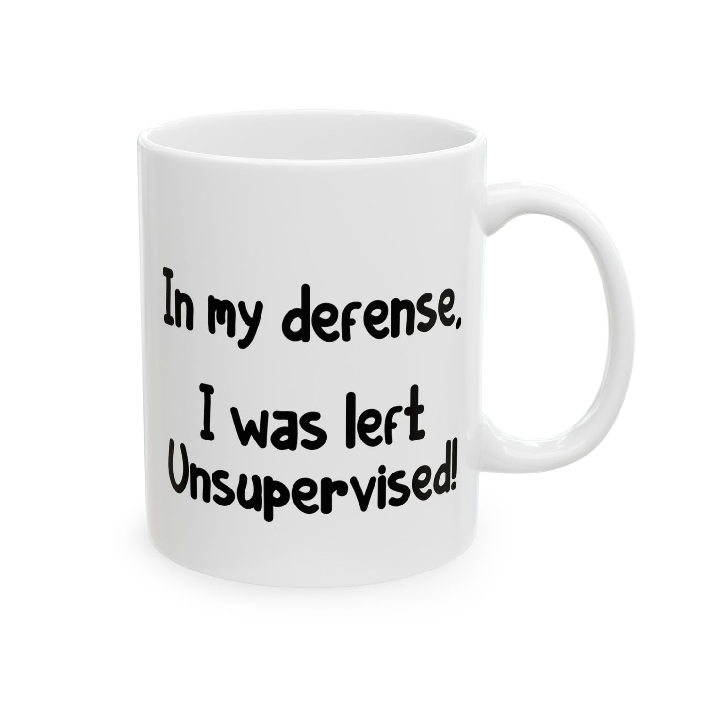In My Defense - Double Sided White Ceramic Coffee Mug 11oz by TheGlassyLass.com