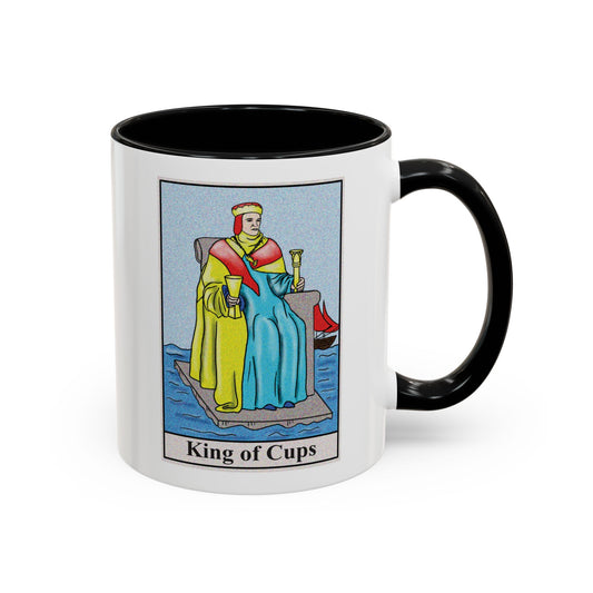 King of Cups Tarot Card Coffee Mug - Double Sided Print, Black Accent White Ceramic, 11oz by TheGlassyLass.com