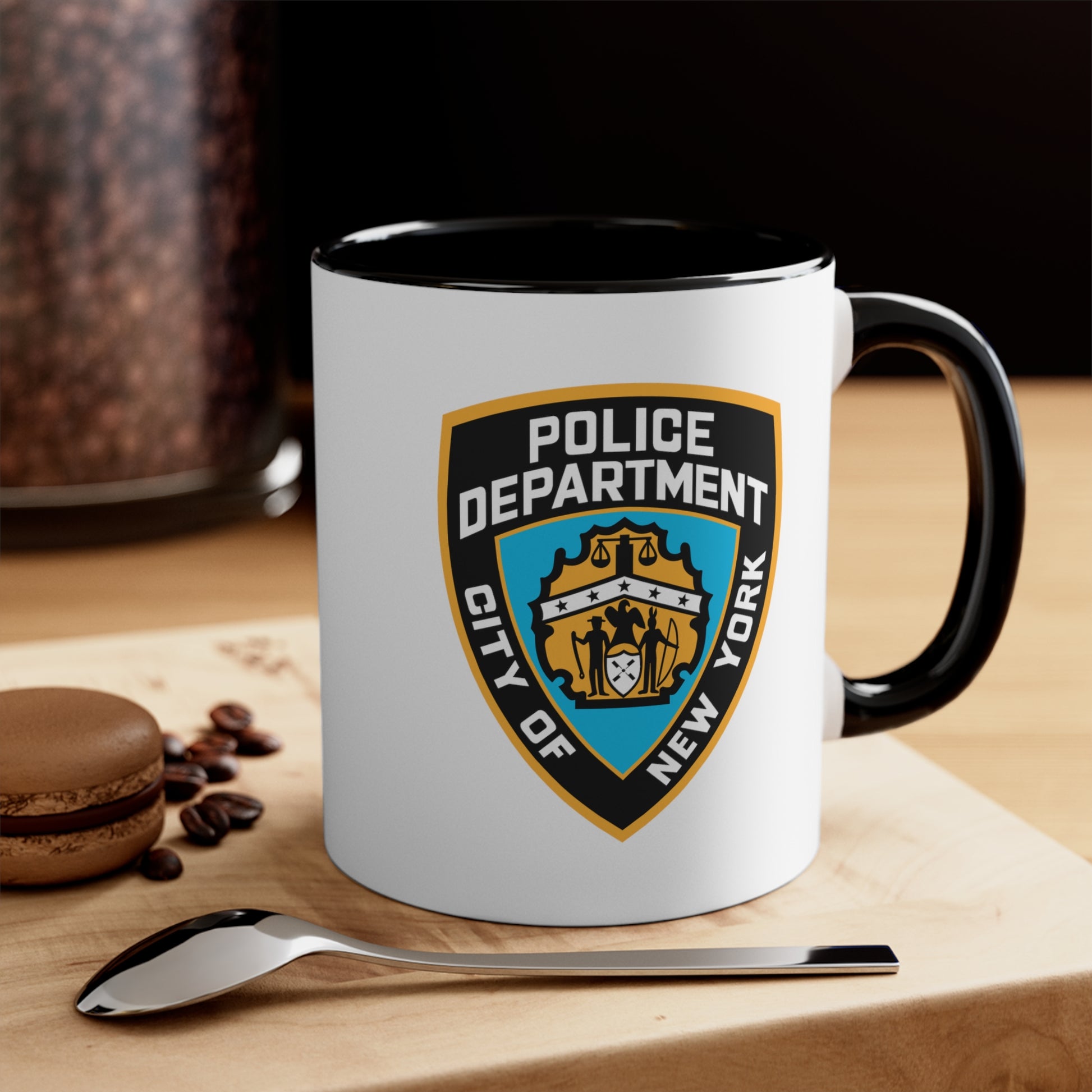 NYPD Logo Coffee Mug - Double Sided Black Accent White Ceramic 11oz by TheGlassyLass.com