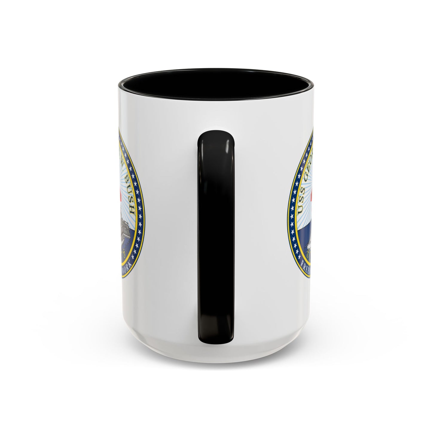 USS George H.W. Bush CVN 77 Seal Coffee Mug - Double Sided Print, Black Accent White Ceramic, 15oz by TheGlassyLass.com