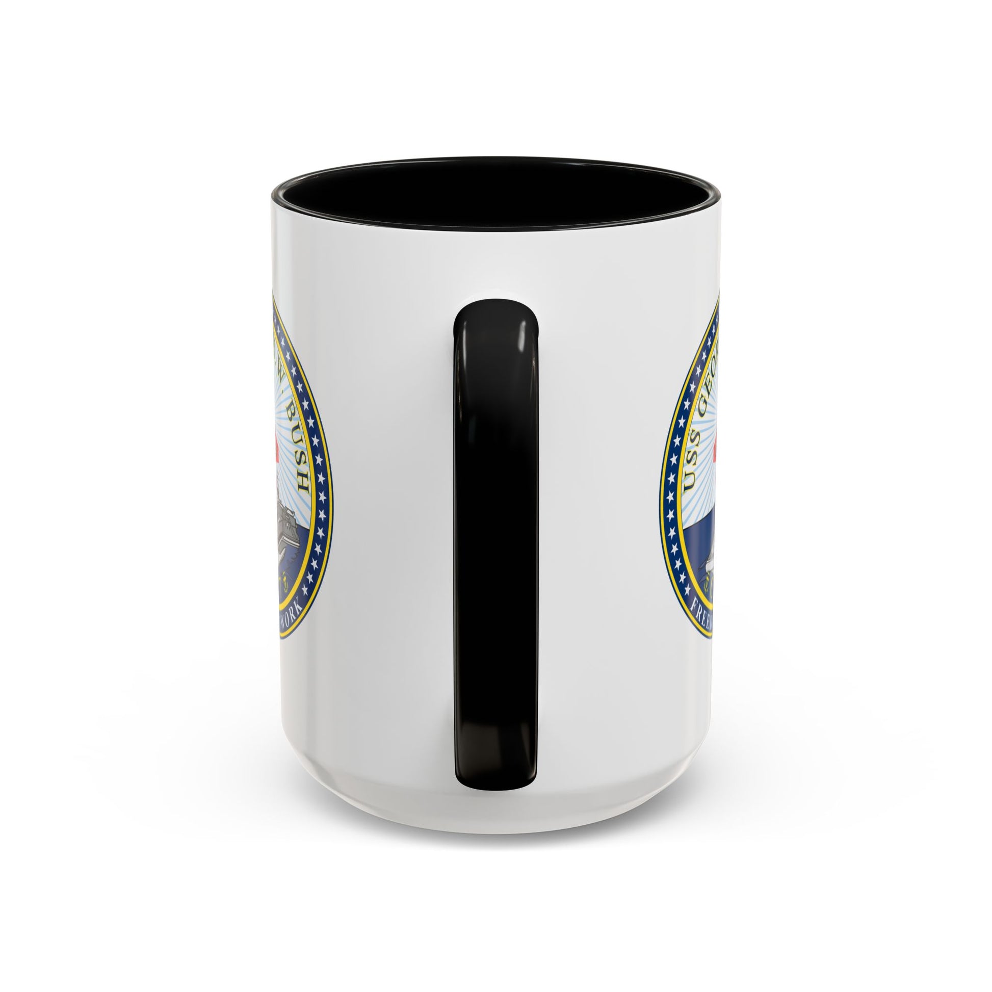 USS George H.W. Bush CVN 77 Seal Coffee Mug - Double Sided Print, Black Accent White Ceramic, 15oz by TheGlassyLass.com