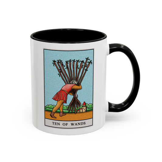 Ten of Wands Tarot Card Coffee Mug - Double Sided Print, Black Accent White Ceramic, 11oz by TheGlassyLass.com