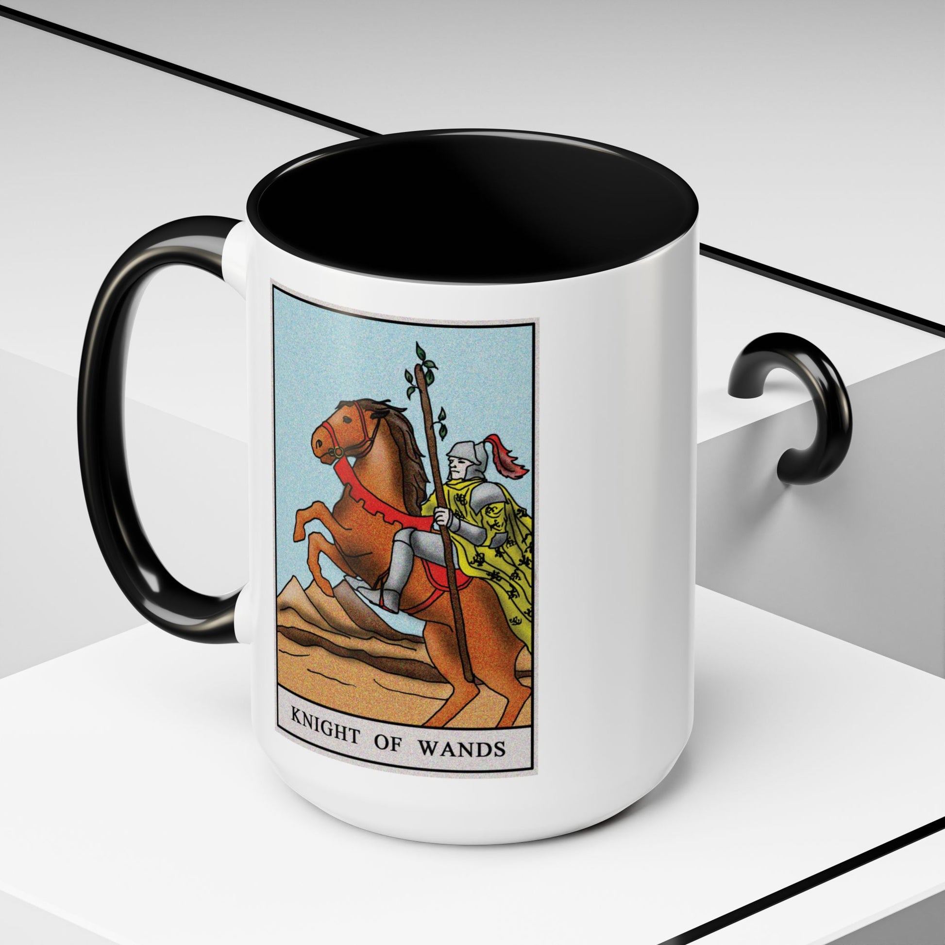 Knight of Wands Tarot Card Coffee Mug - Double Sided Black Accent White Ceramic 15oz by TheGlassyLass.com