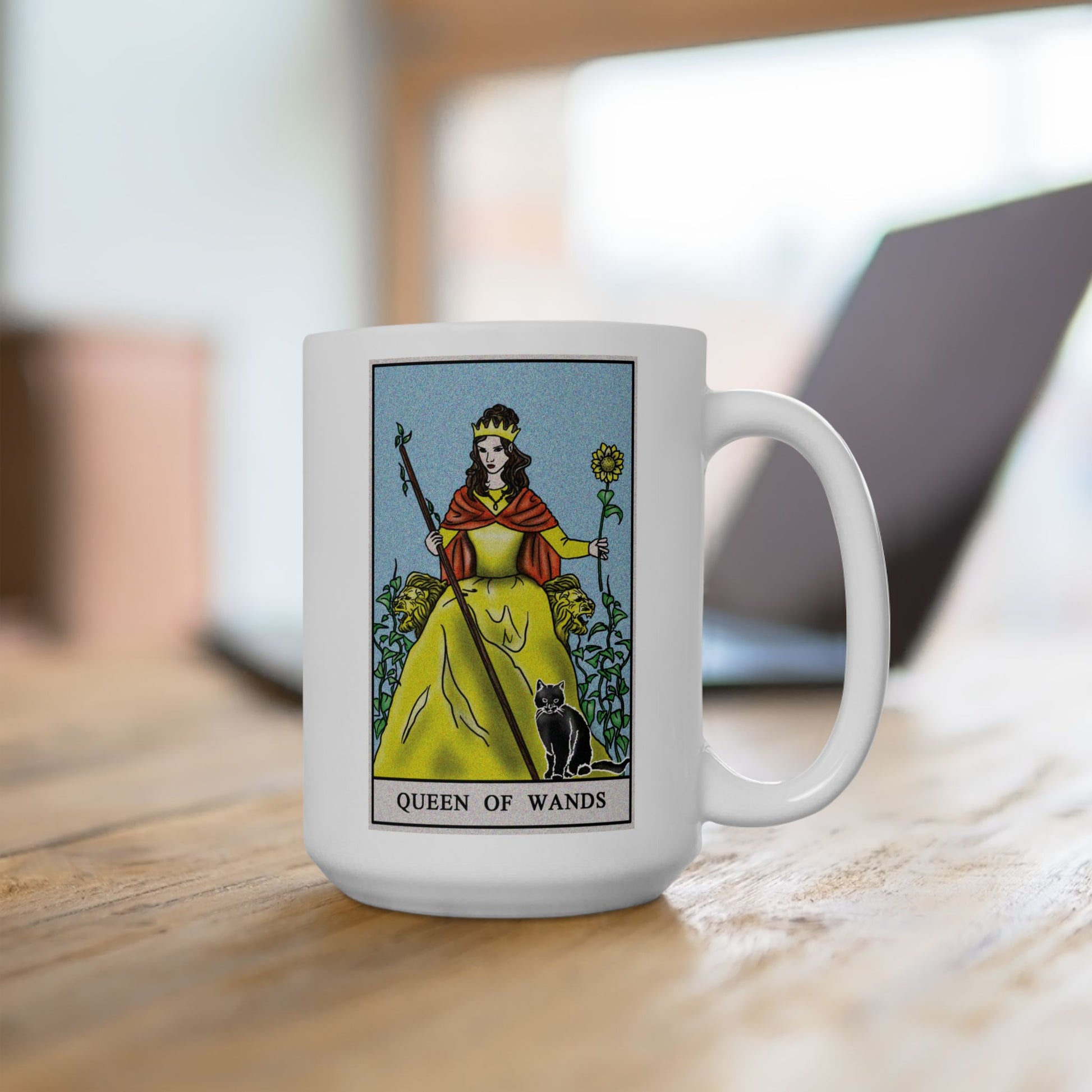 Queen of Wands Tarot Card Coffee Mug - Double Sided White Ceramic 15oz by TheGlassyLass.com