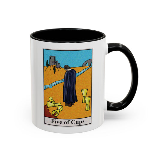Five of Cups Tarot Card Coffee Mug - Double Sided Print, Black Accent White Ceramic, 11oz by TheGlassyLass.com