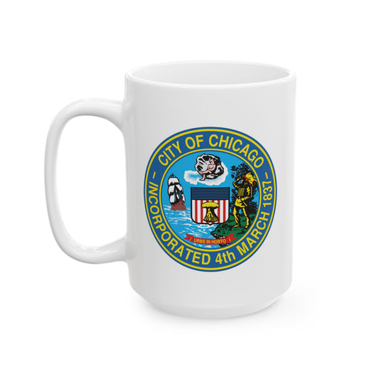 City of Chicago Coffee Mug - Double Sided Print, White Ceramic, 15oz by TheGlassyLass.com