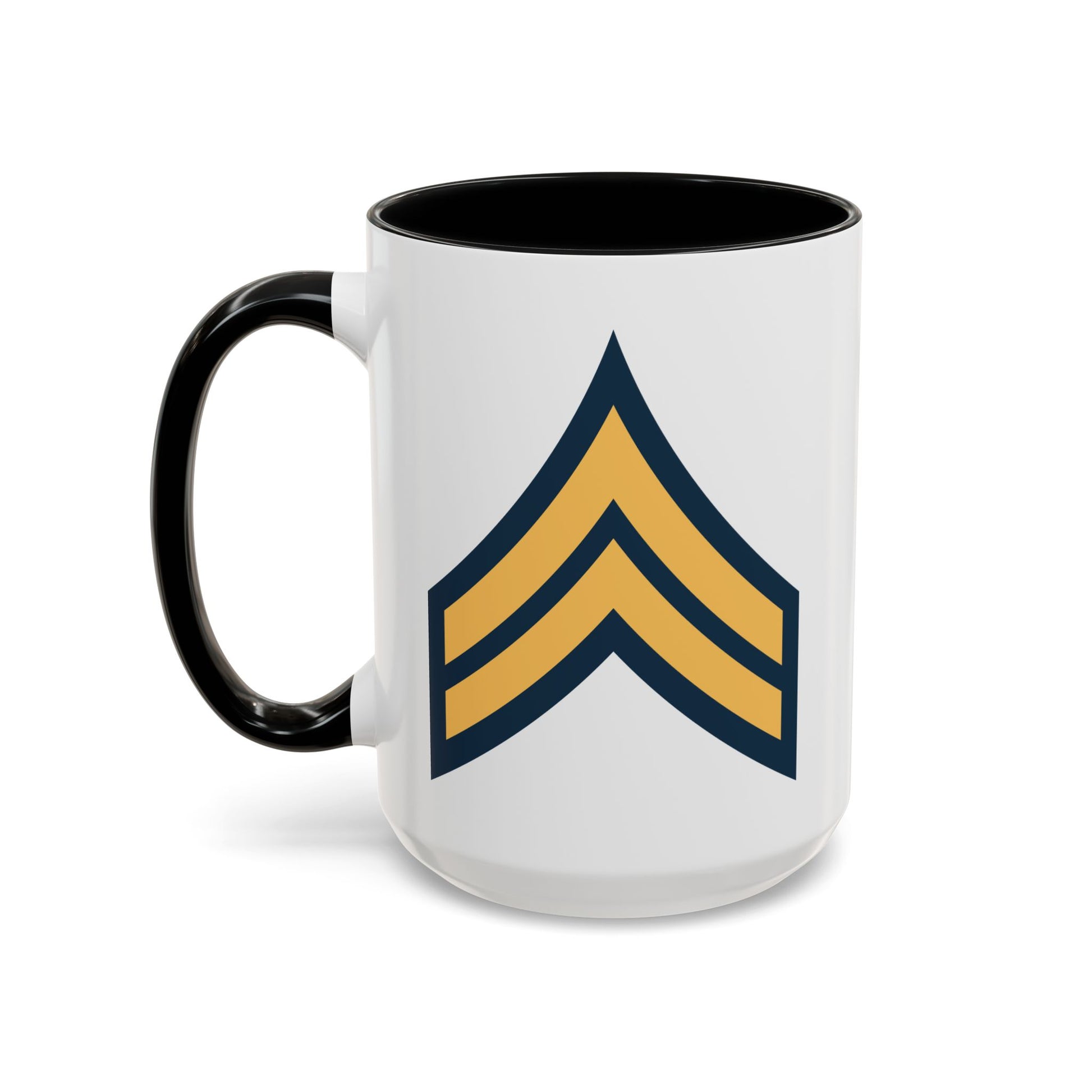US Army Corporal (E-4) Stripes Coffee Mug - Double Sided Print, Black Accent White Ceramic, 15oz by TheGlassyLass.com