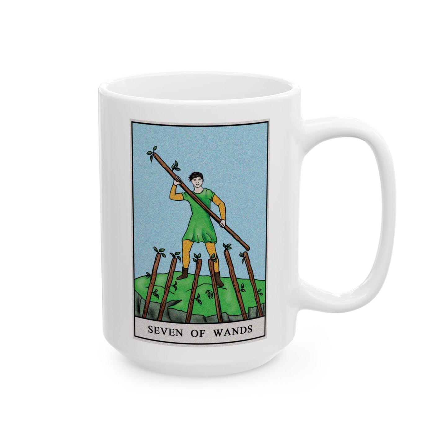 Seven of Wands Tarot Card Coffee Mug - Double Sided White Ceramic 15oz by TheGlassyLass.com