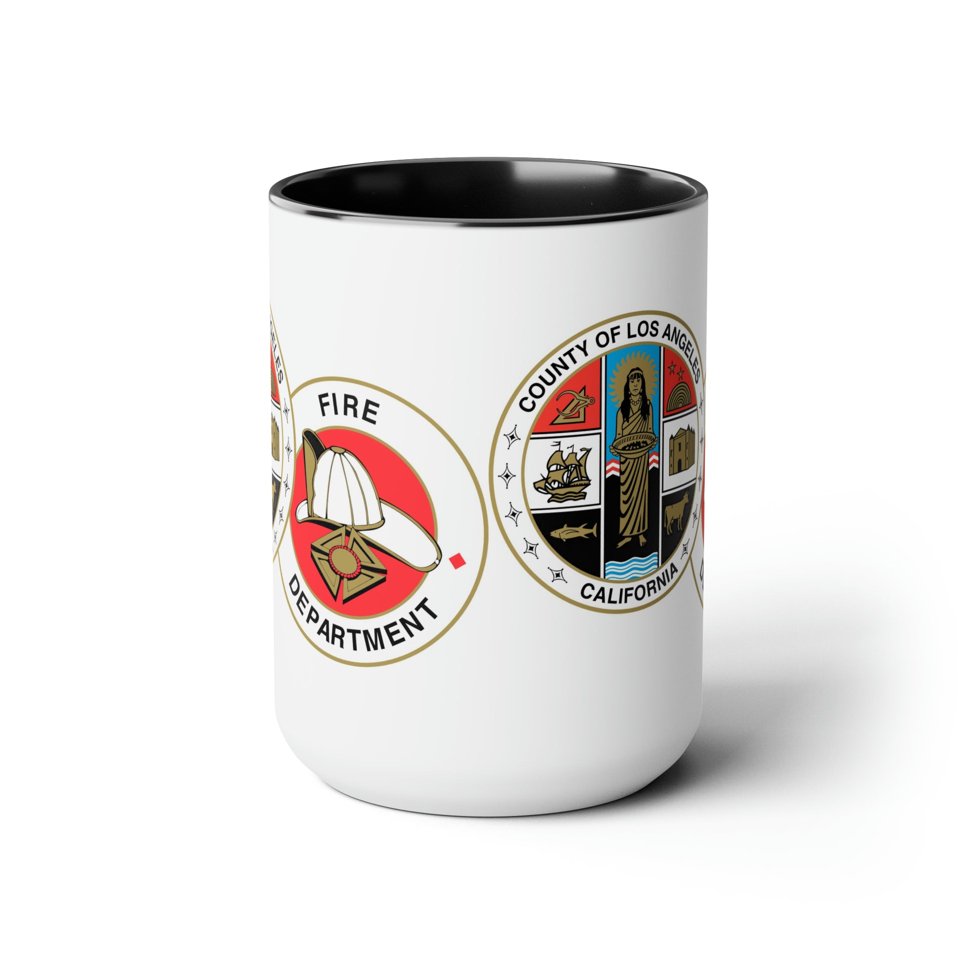 LA County Fire Department Coffee Mug - Double Sided Print Black Accent Two-Tone White Ceramic 15oz by TheGlassyLass.com