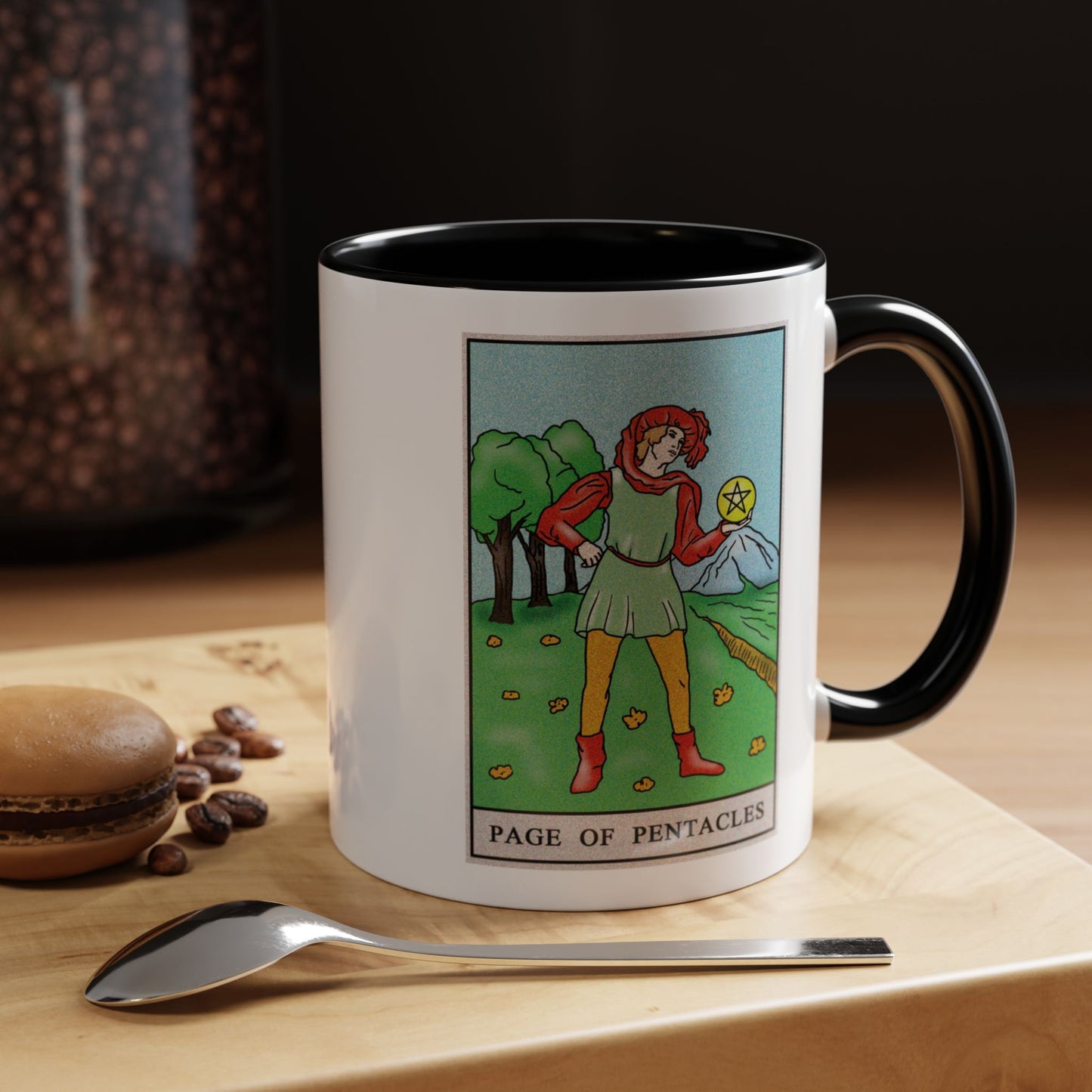Page of Pentacles Tarot Card Coffee Mug - Double Sided Print, Black Accent White Ceramic, 11oz by TheGlassyLass.com