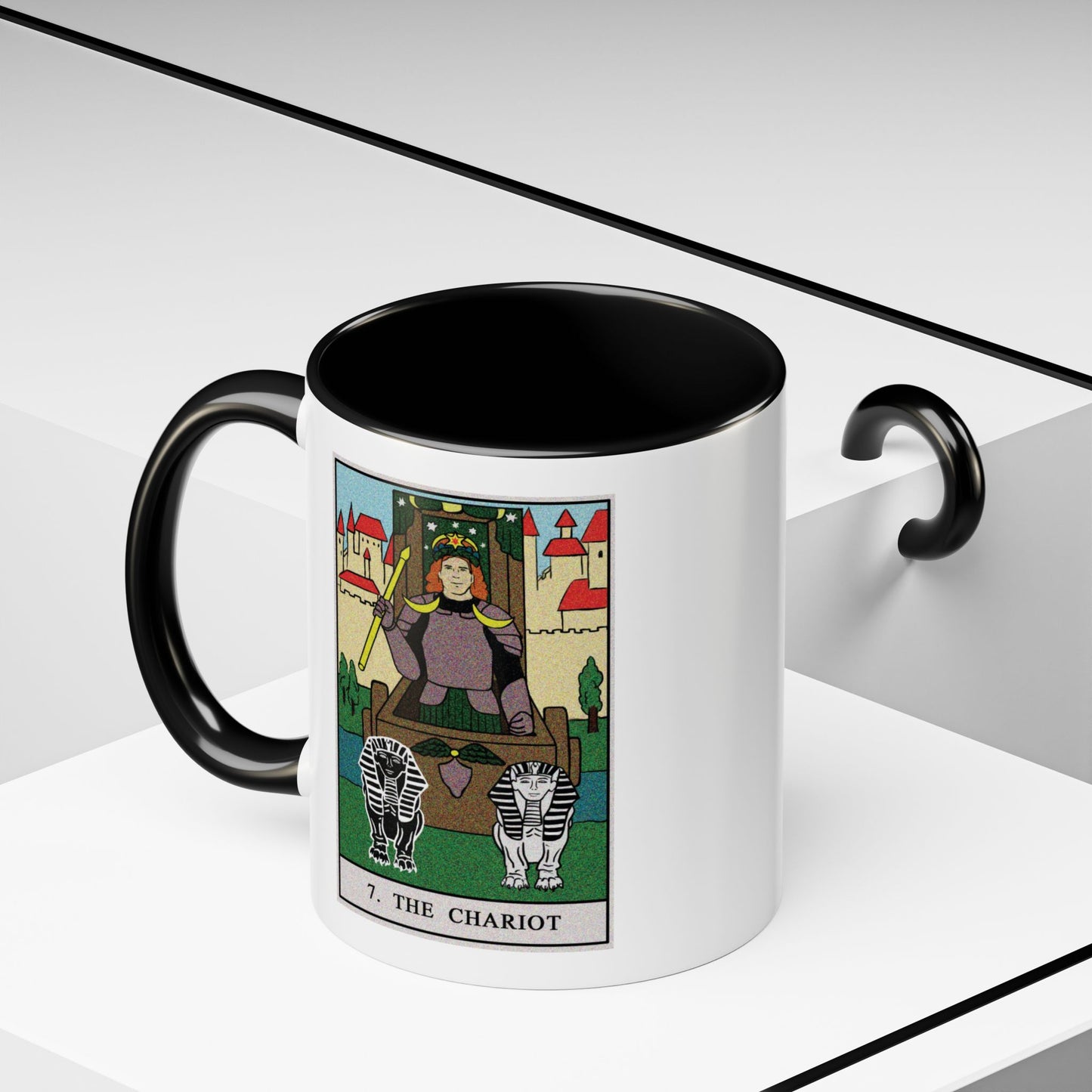 The Chariot Tarot Card Coffee Mug - Double Sided Print, Black Accent White Ceramic, 11oz by TheGlassyLass.com