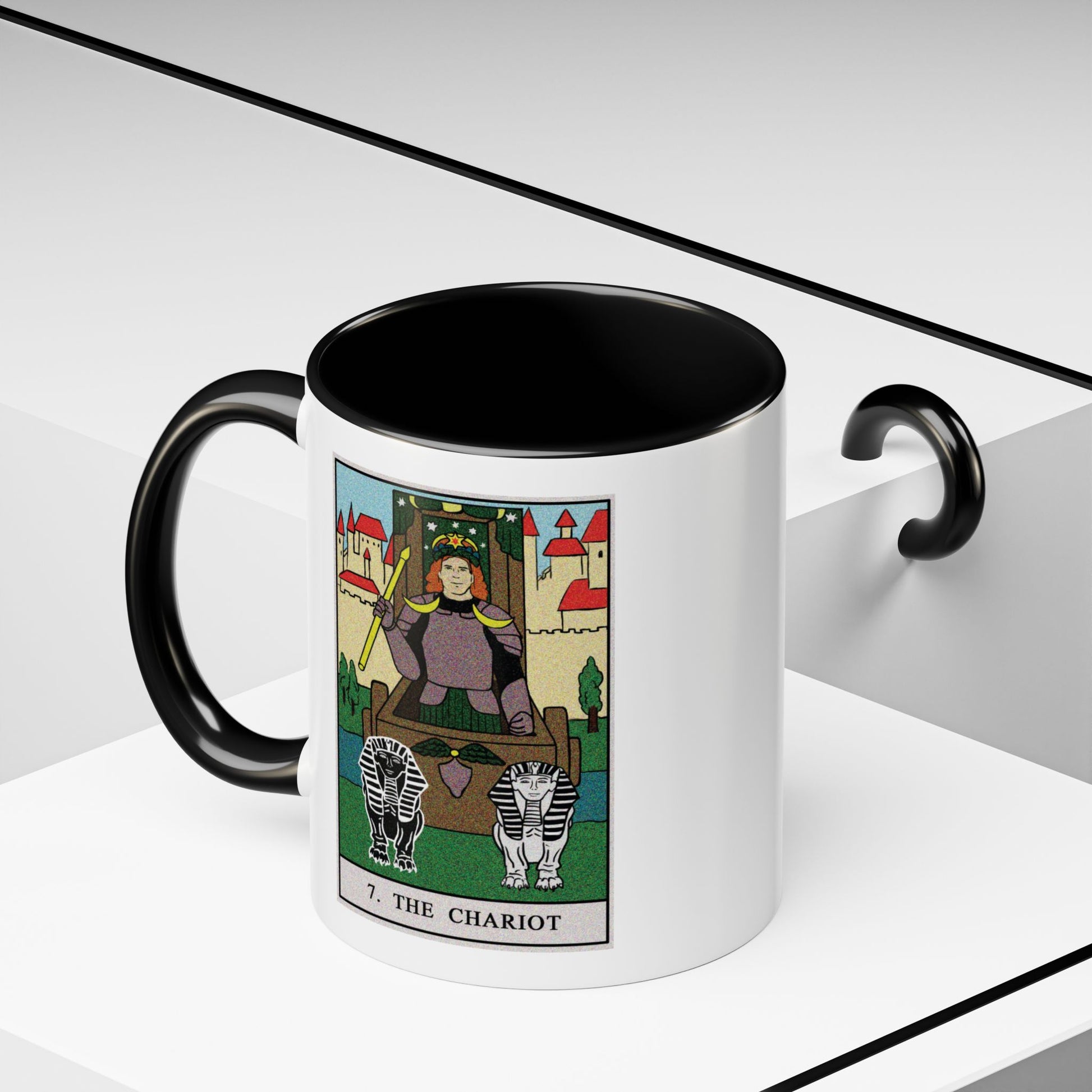 The Chariot Tarot Card Coffee Mug - Double Sided Print, Black Accent White Ceramic, 11oz by TheGlassyLass.com
