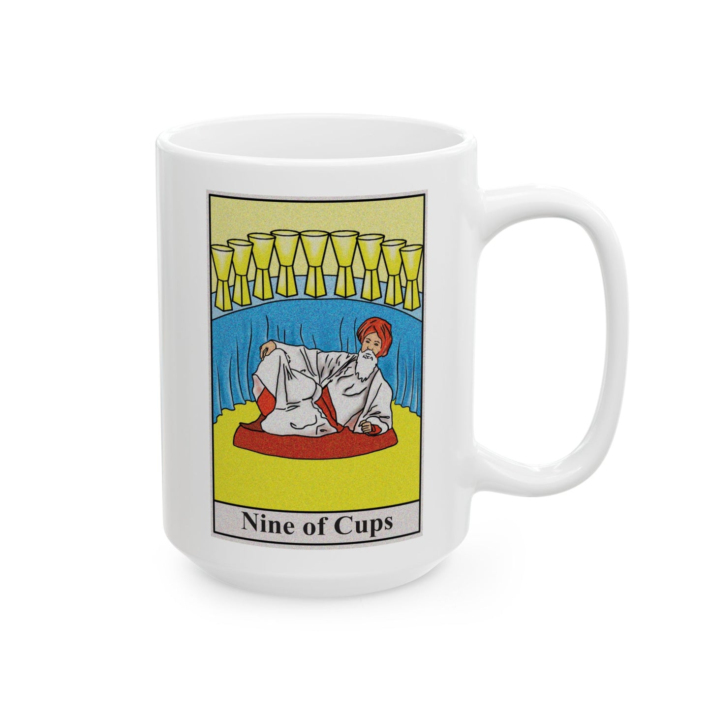Nine of Cups Tarot Card Coffee Mug - Double Sided White Ceramic 15oz by TheGlassyLass.com