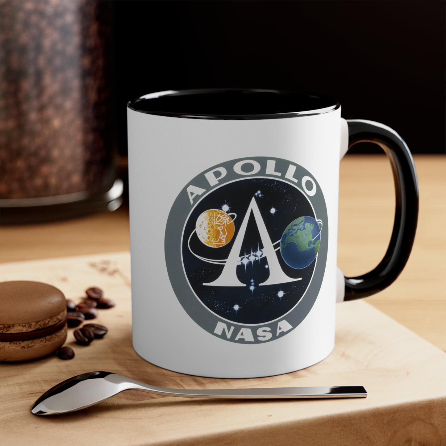 NASA Apollo Program Coffee Mug - Double Sided Black Accent White Ceramic 11oz by TheGlassyLass