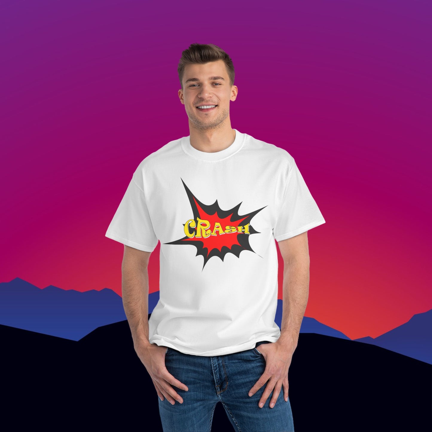 Superhero CRASH T-Shirt: (Hanes Beefy-T 100% Preshrunk Cotton) Custom Printed by TheGlassyLass.com