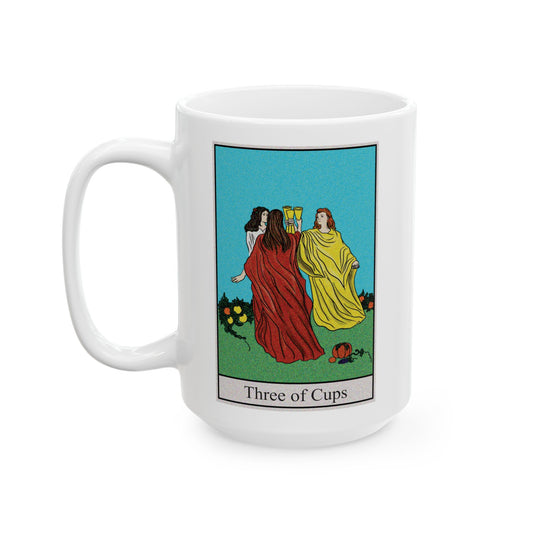 Three of Cups Tarot Card Coffee Mug - Double Sided White Ceramic 15oz by TheGlassyLass