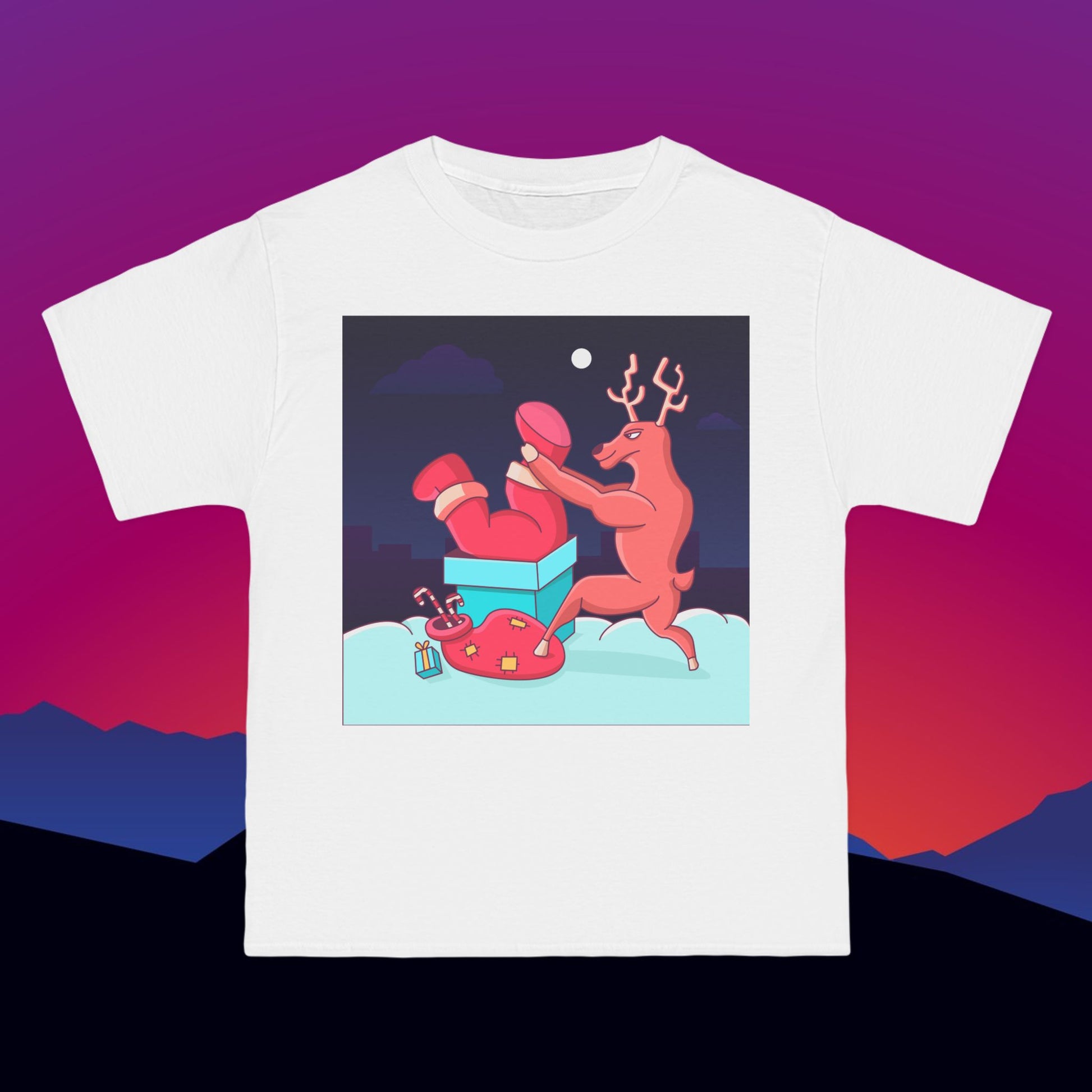 Stuck Santa Christmas T-Shirt: (Hanes Beefy-T 100% Preshrunk Cotton Custom Printed by TheGlassyLass.com