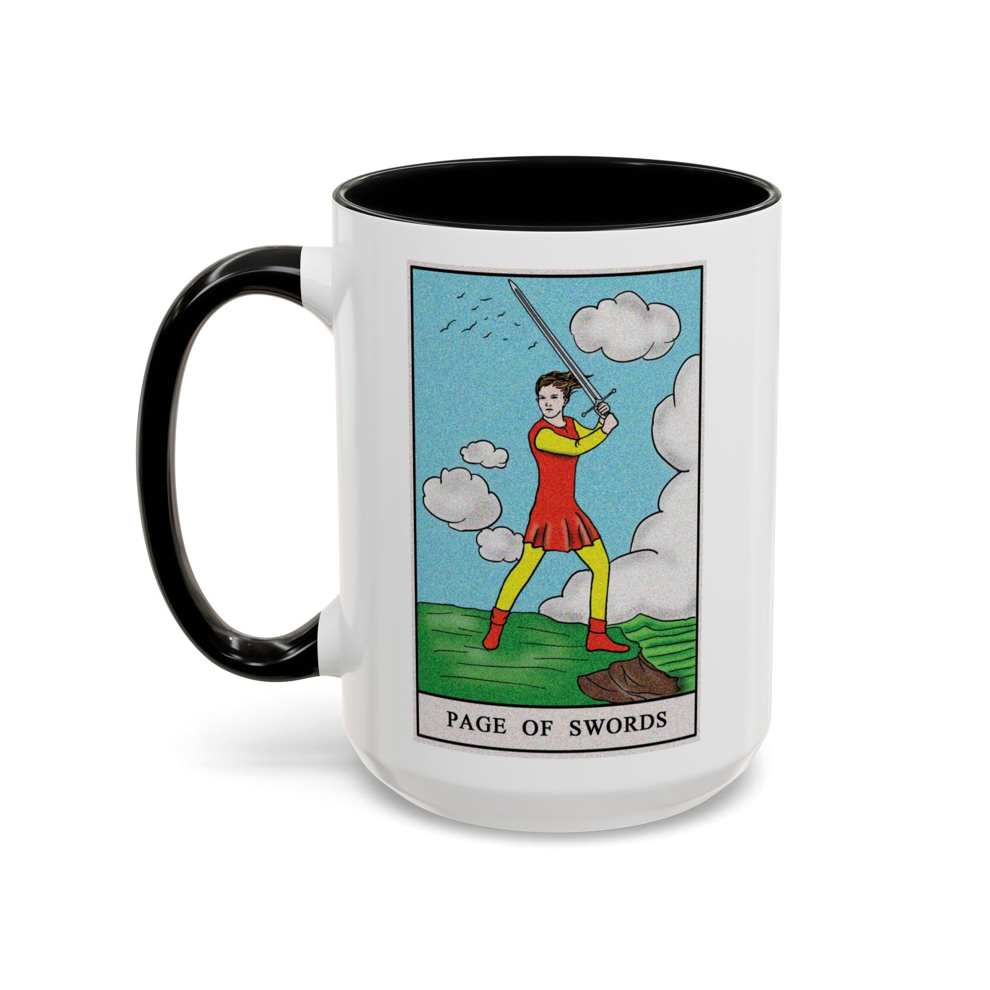 Page of Swords Tarot Card Coffee Mug - Double Sided Black Accent White Ceramic 15oz by TheGlassyLass.com