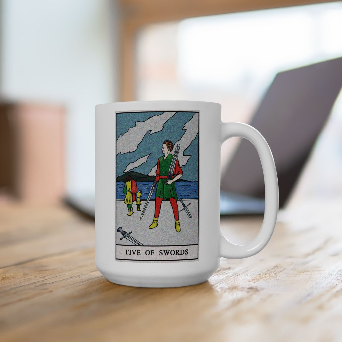 Five of Swords Tarot Card Coffee Mug - Double Sided White Ceramic 15oz by TheGlassyLass.com